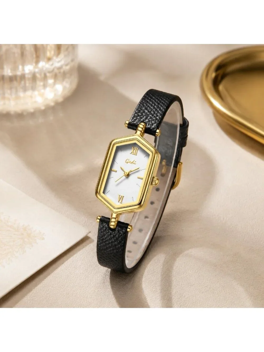 Women's Black Gold Vintage Slim Leather Strap Bracelet Hexagon Case Wrist Watch